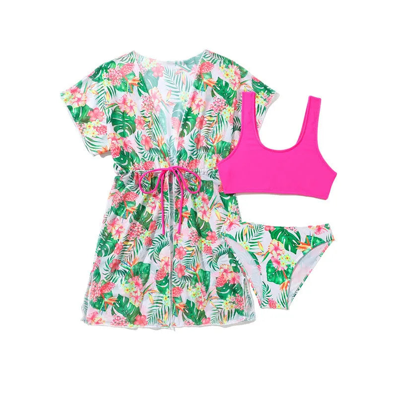 Girls' two-piece swimsuit with Korean-style floral pattern, high-elasticity polyester fabric for swimming
