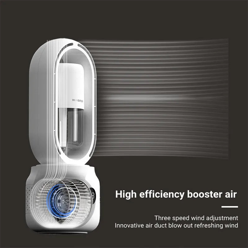 White bladeless USB rechargeable table fan with humidifier tank and control display