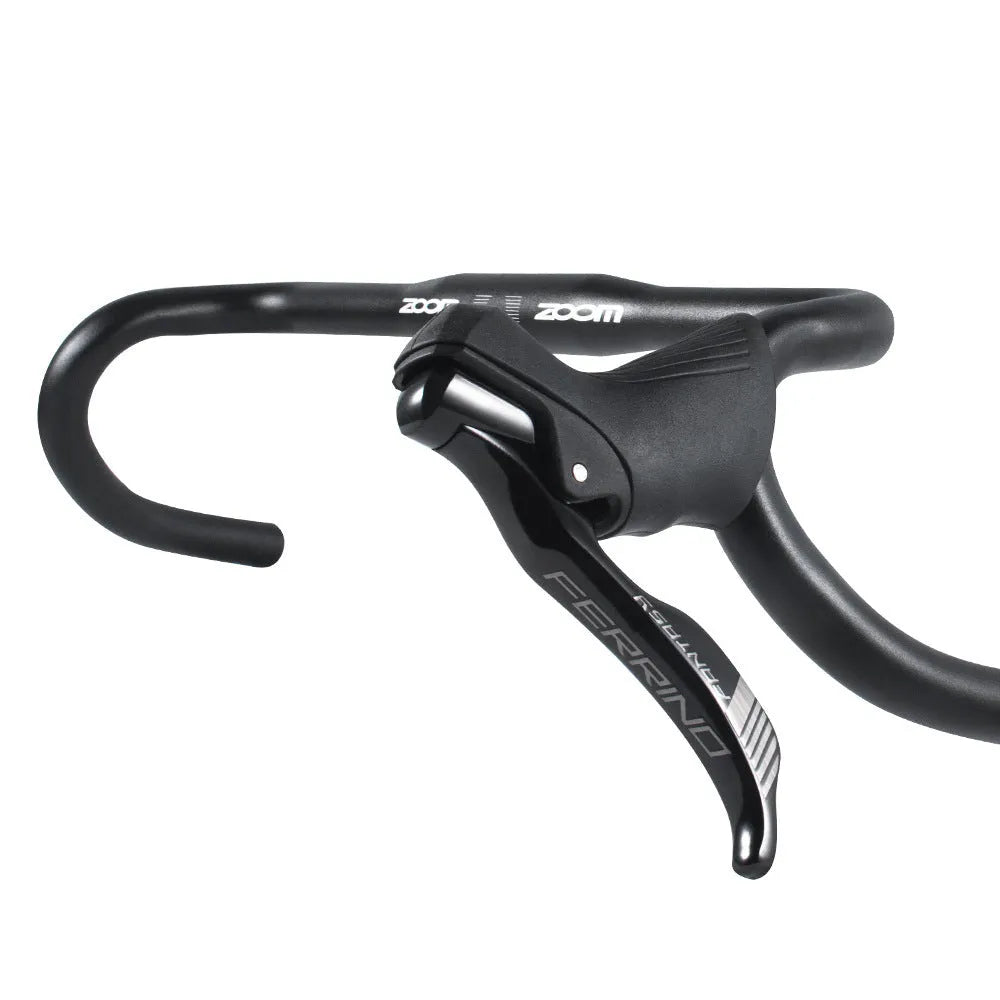 Black aluminium alloy road bike handlebar showing 420mm width and racing bend profile