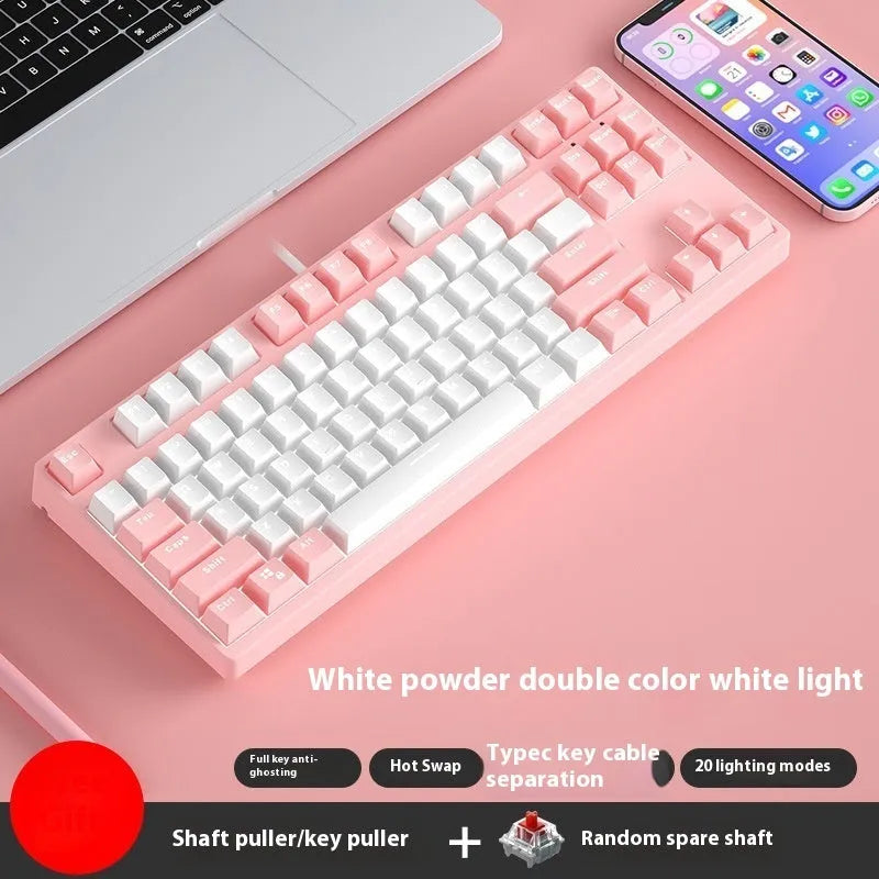 87-key wired mechanical keyboard with two-tone keycaps and metal frame, showing compact design and included tools