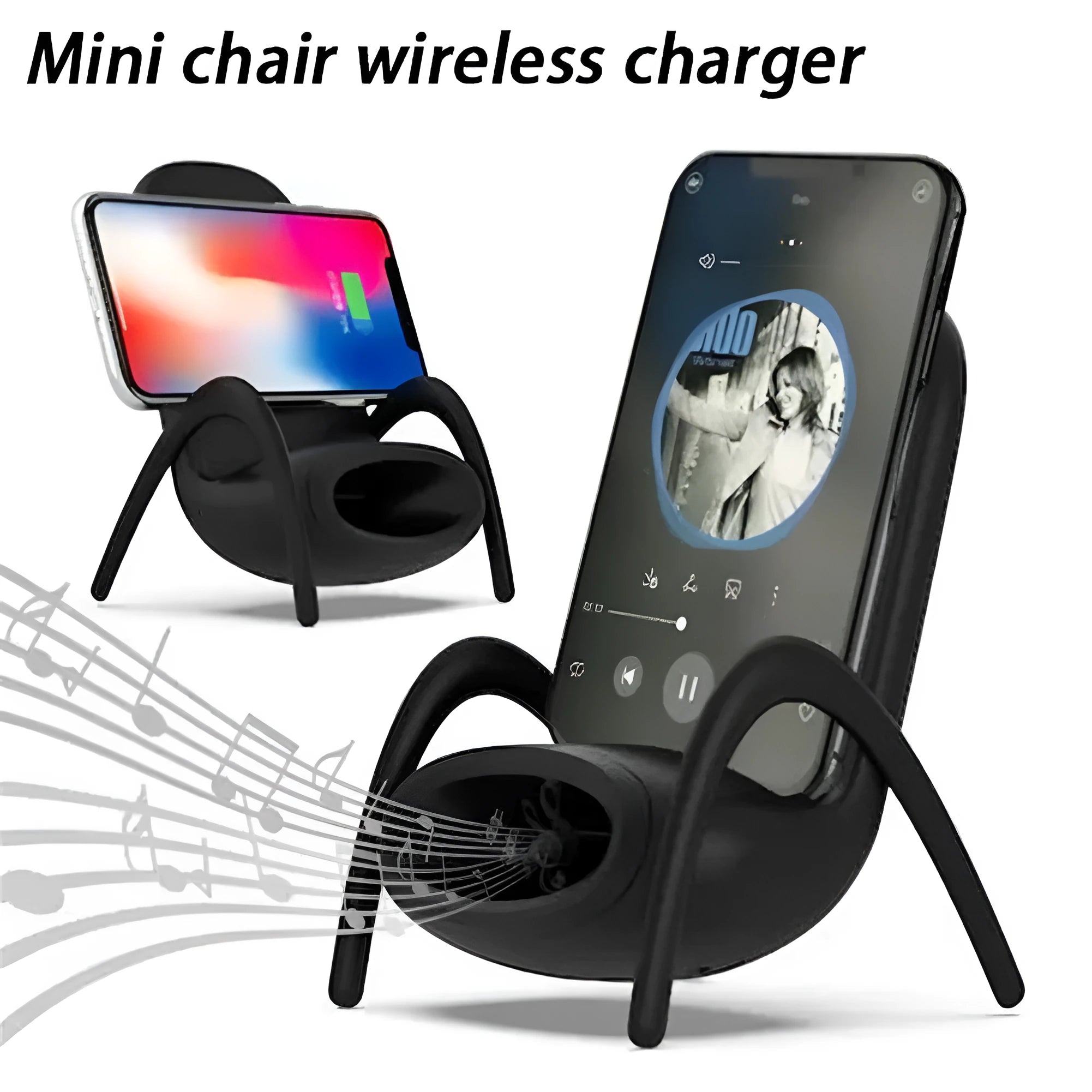 White mini chair shaped wireless charging stand holding smartphone on desk