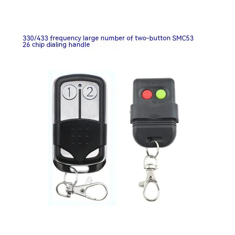 Black plastic dial remote control handle with two keys, SMC5326 chip, for 330MHz or 433MHz door control systems.