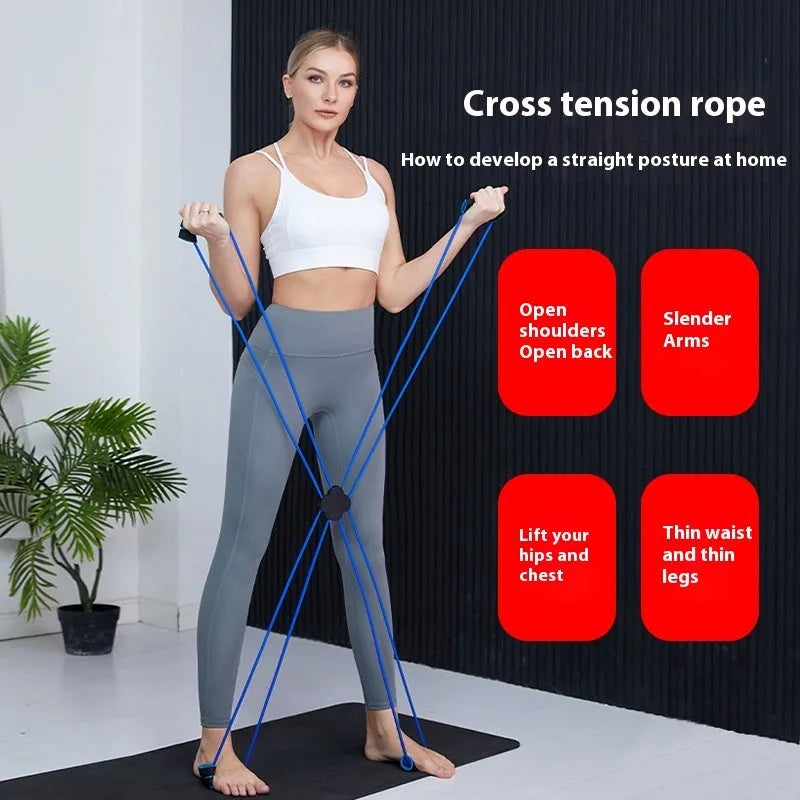 Blue eight-character shoulder puller with TPR resistance bands and cross tension device for female fitness training