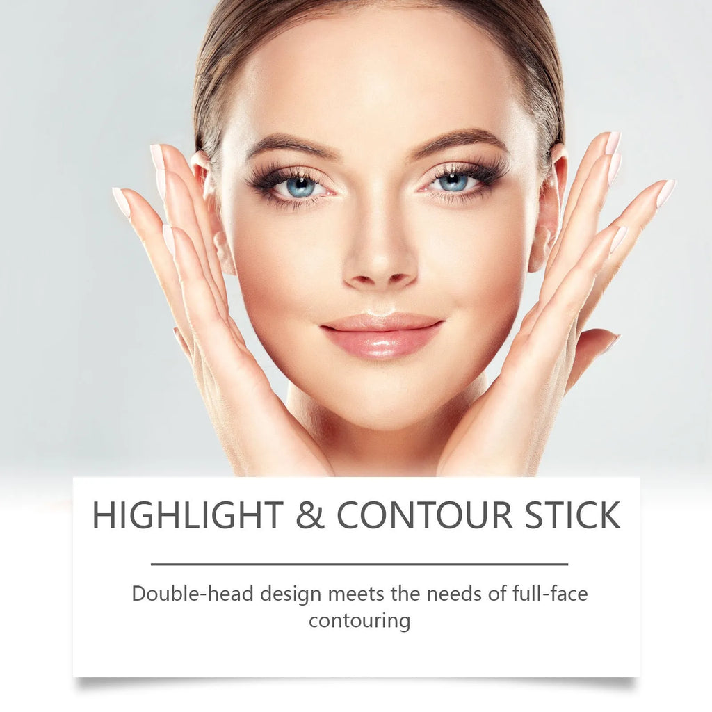Dual-ended cream highlighter and contour stick for face makeup in matte, amber or high gloss finishes