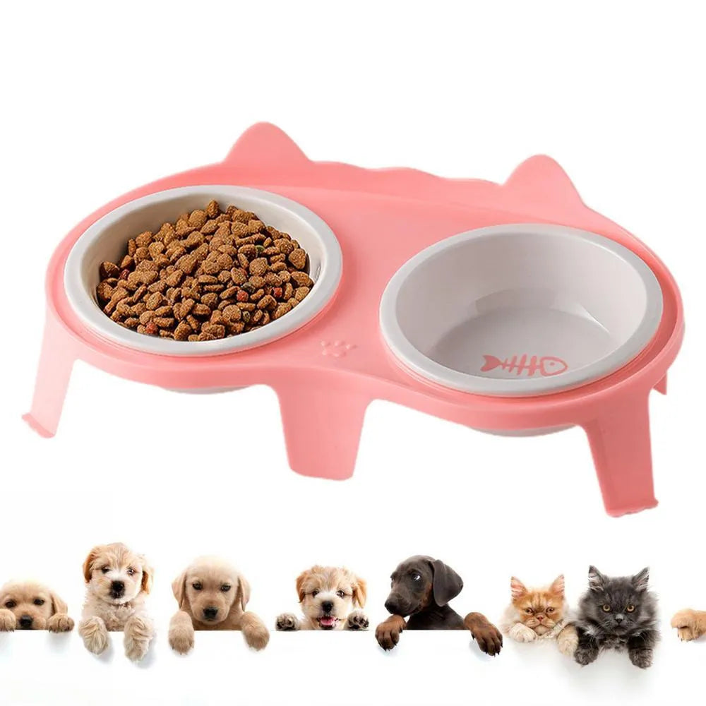 Ceramic cat food and water bowl set on elevated plastic stand with hook