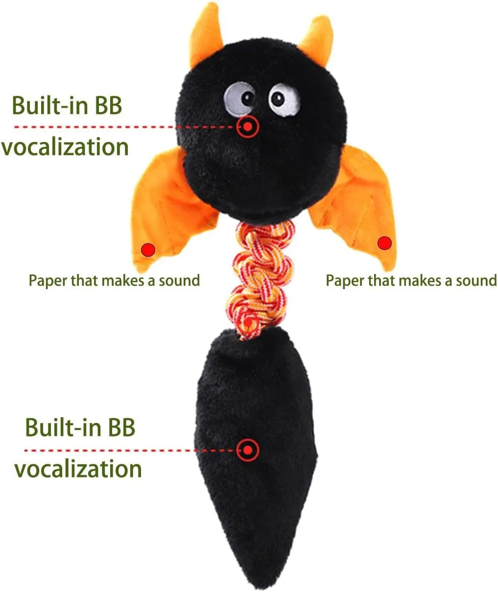 Plush dog toy with squeaker and rattling sounds, 44cm by 19cm, in black, green, or red, made from upgraded rabbit fleece