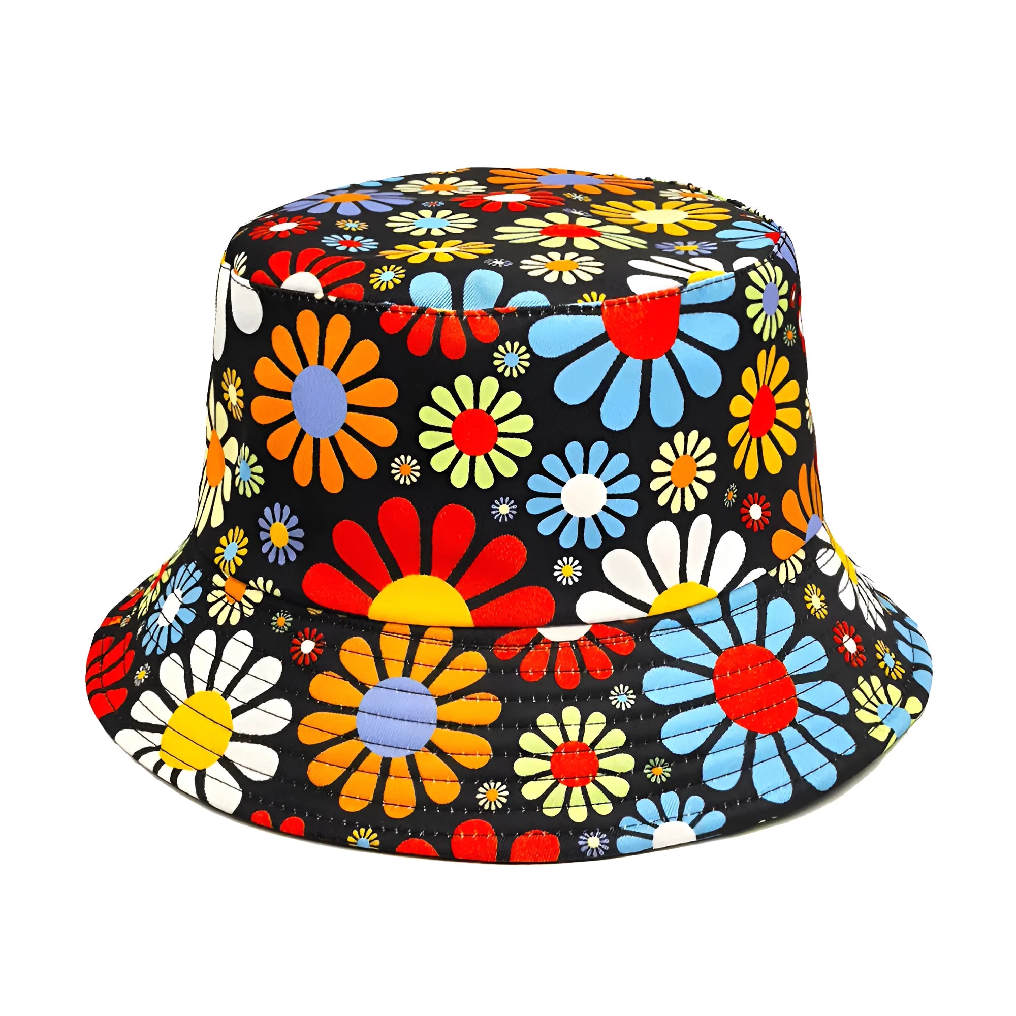 Floral print polyester bucket hat with dome crown on white background