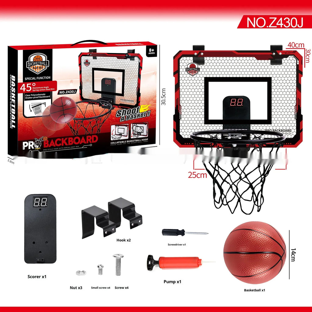 Red folding basketball frame with 400x300mm panels, 25cm frame height, and suction cup installation for indoor use