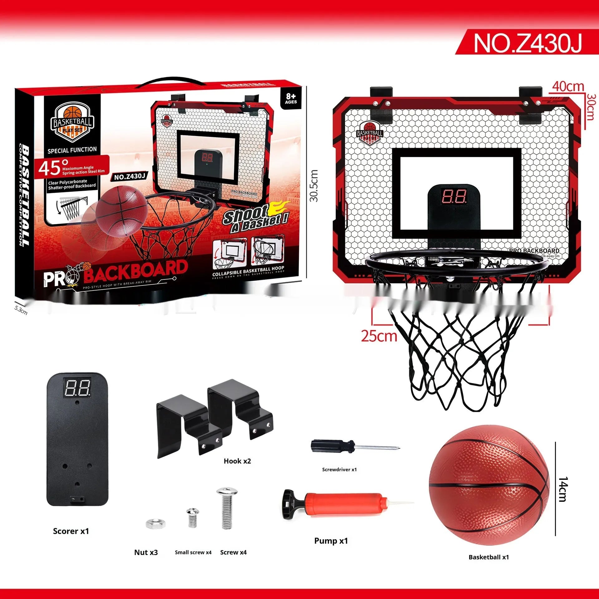 Red folding basketball frame with 400x300mm panels, 25cm frame height, and suction cup installation for indoor use