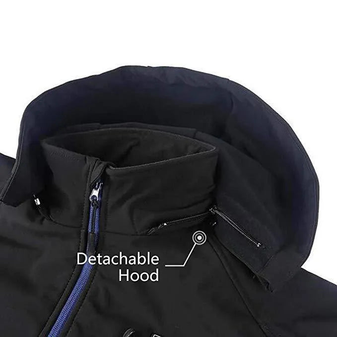 Black men's USB-heated waterproof windproof thermal coat with long sleeves and straight hem, showing zipper and pocket details.