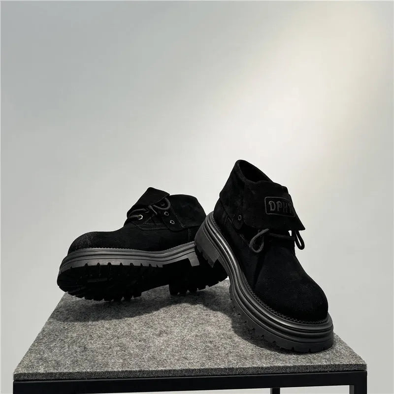 Men's distressed brown cow suede retro worker boots with thick platform sole and two-way laces.