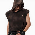 Khaki coloured cotton short sleeve hood vest on a hanger.