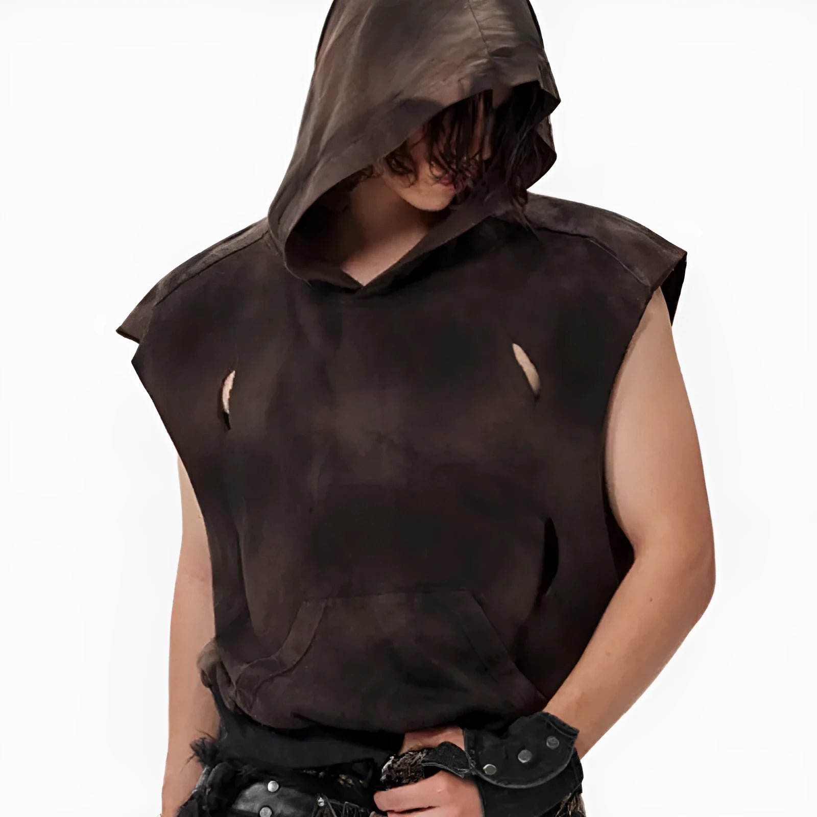 Khaki coloured cotton short sleeve hood vest on a hanger.