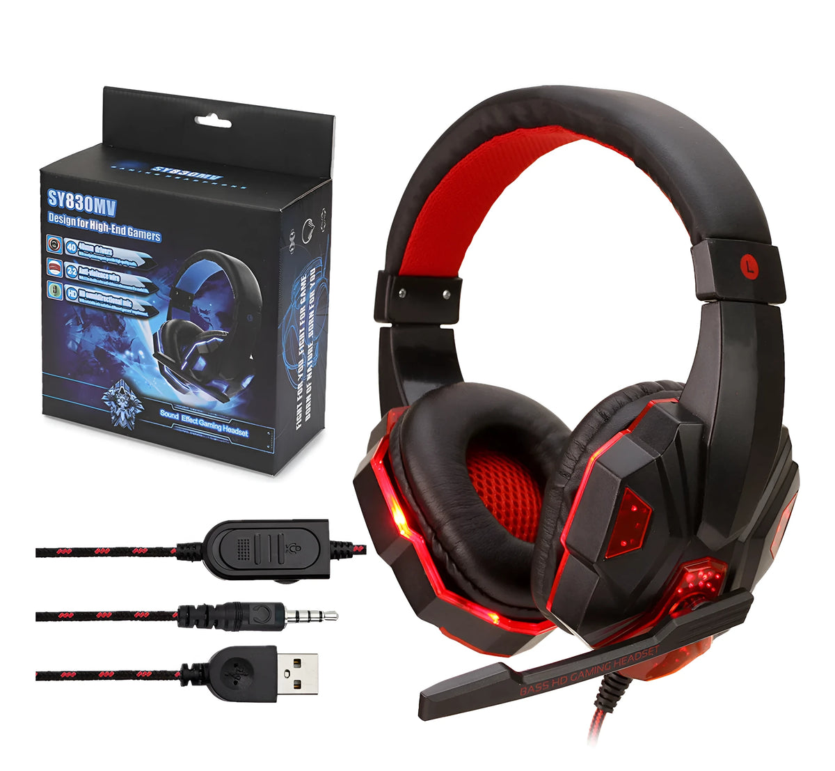 Wired in-ear headphones with ear protection and 3.5mm in-line plug for computers, shown in black red, black blue, white blue, yellow, gray, or blue.