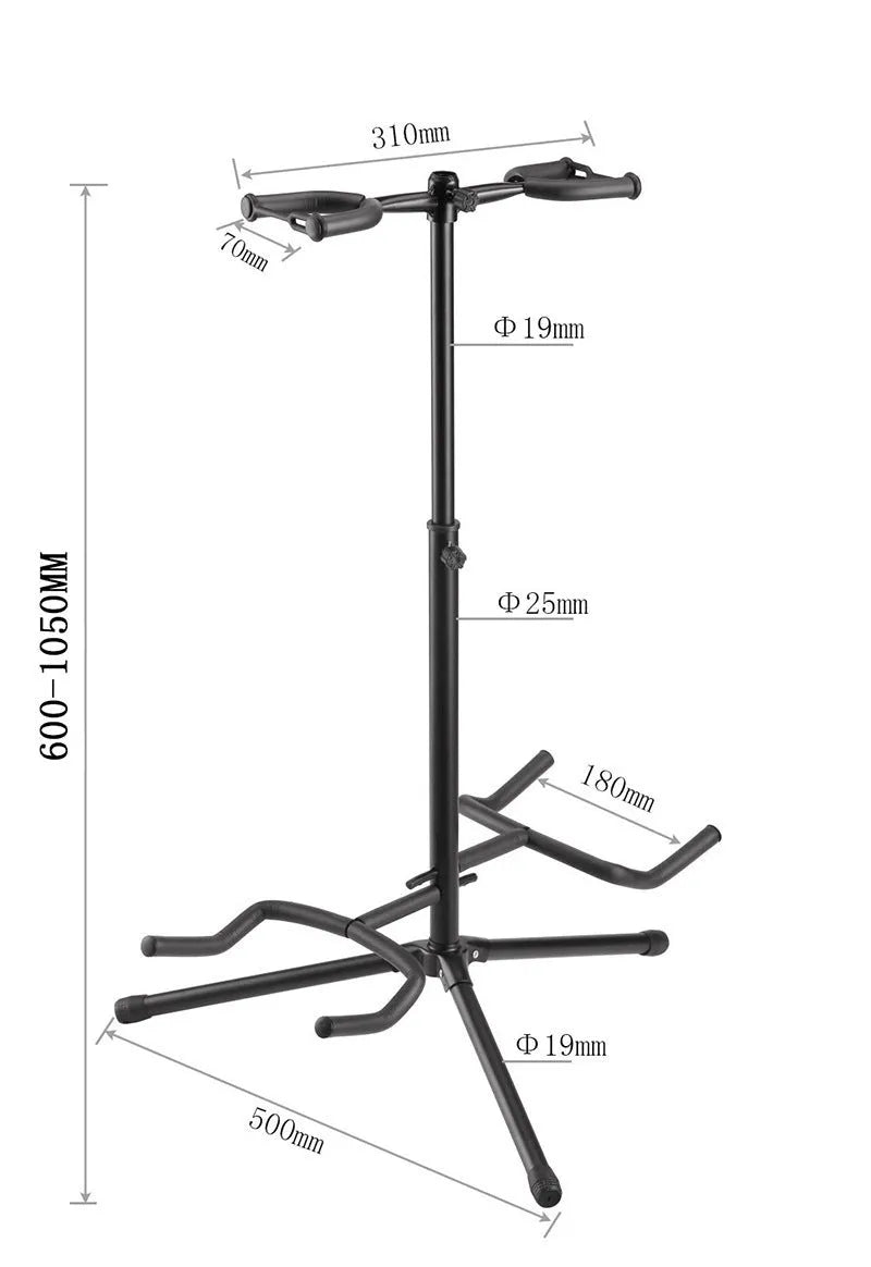 Black iron double-headed adjustable guitar stand holding two guitars with 360-degree rotating heads