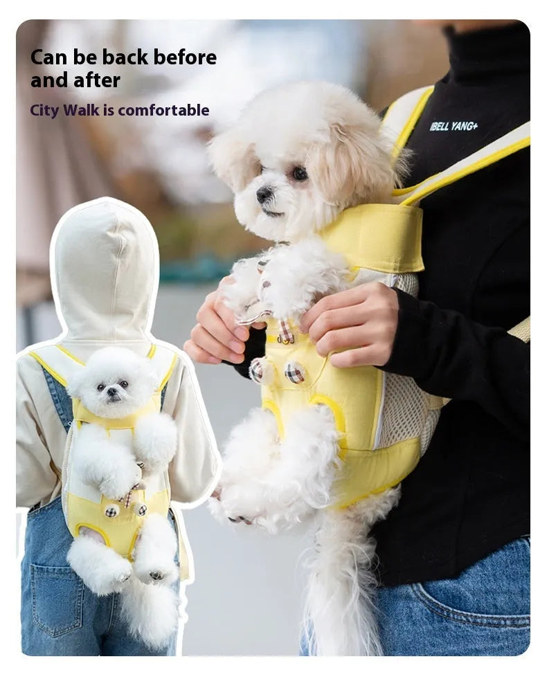 Cartoon cute chest bag portable pet carrier with animal pattern and colourful stitching on soft canvas material
