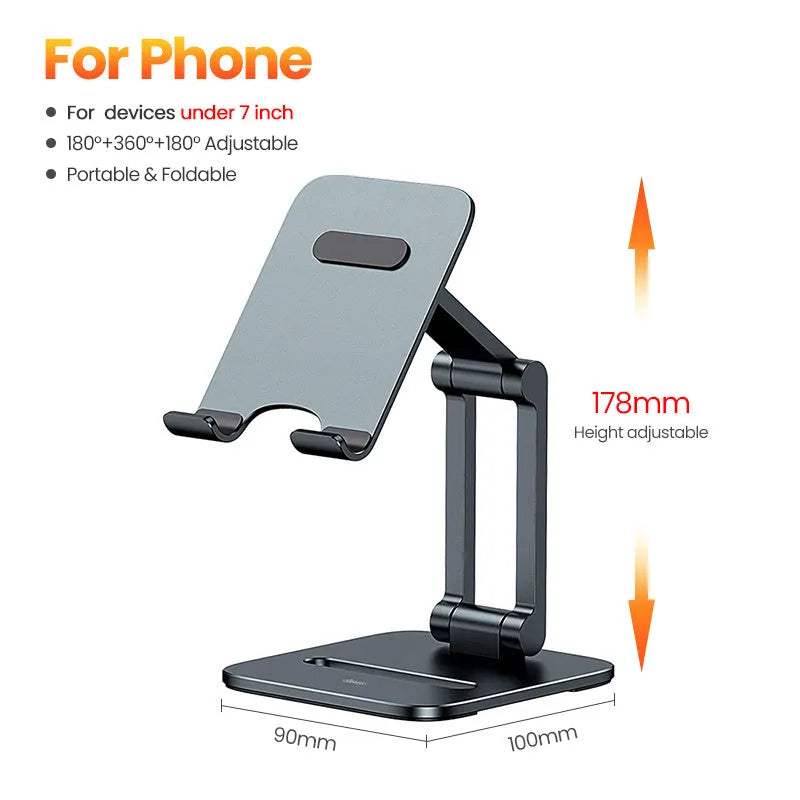 Deep space grey aluminium folding stand holding a tablet and a mobile phone on a desk.