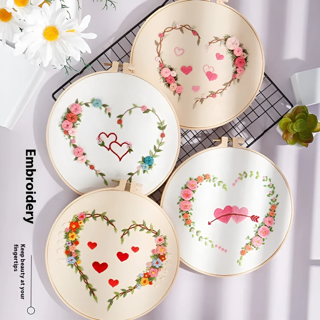DIY embroidery kit with heart design on cotton cloth and 20cm bamboo frame