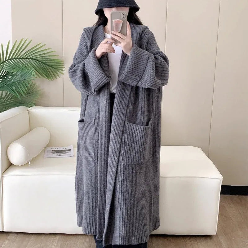 Women's loose grey hooded cardigan coat with raglan sleeves, 80cm length