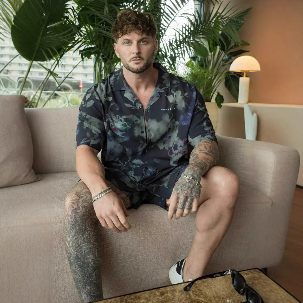 Printed floral pattern loose short sleeves top with cardigan style on male model
