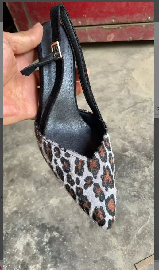 Leopard print suede women's pointed toe high heel sandals.