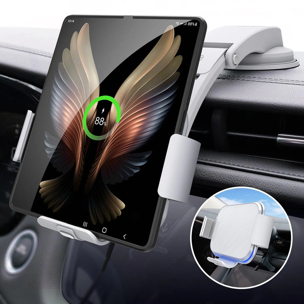 Grey wireless charging vehicle bracket with folding screen showing adjustable angle mechanism and dual mounting options