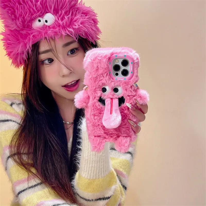 Silicone plush monster phone case with sticking-out tongue design for Apple iPhone