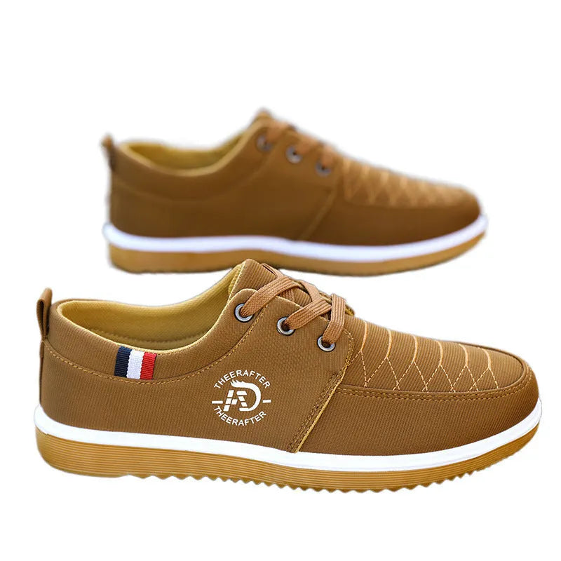 Men's black canvas casual shoes with a leather toe cap, sewing line details, and a thick EVA platform sole.