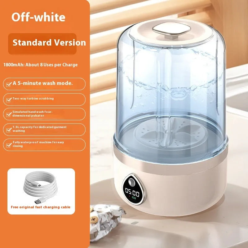 White portable USB-powered mini washing machine with 13.5cm width and waterproof storage function
