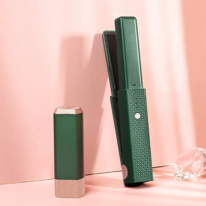 Pink and green cordless USB hair straightener with ceramic plates, shown with USB cable.