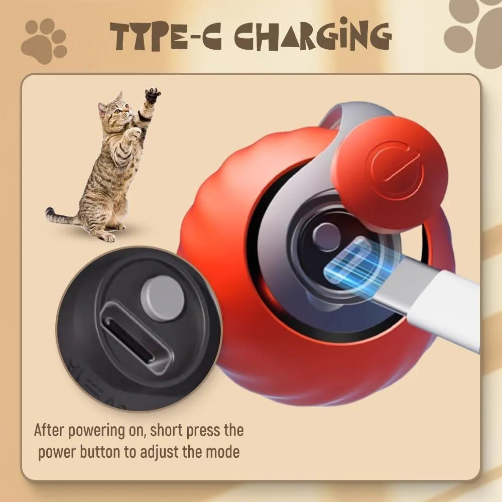 Blue and red interactive rolling ball pet toy for cats and dogs on a floor.