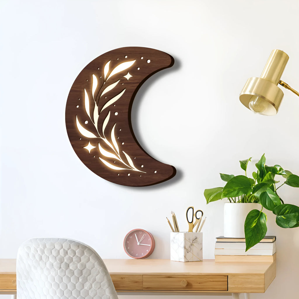 Bohemian style wooden leaf crescent pendant lamp in basswood with buckle hook for hanging