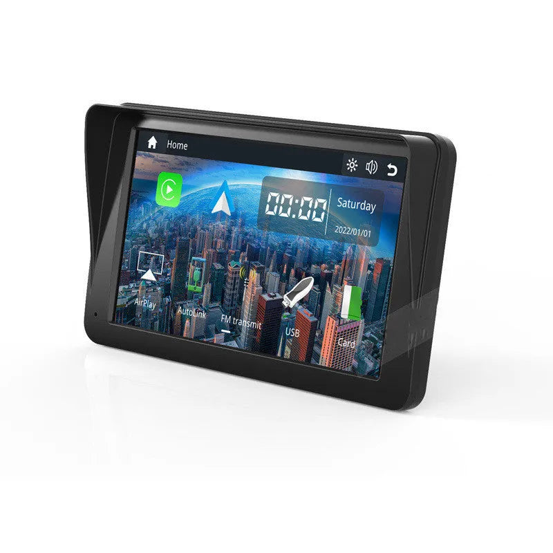 7-inch IPS car smart screen with Wireless CarPlay on windshield, showing navigation display and retractable bracket