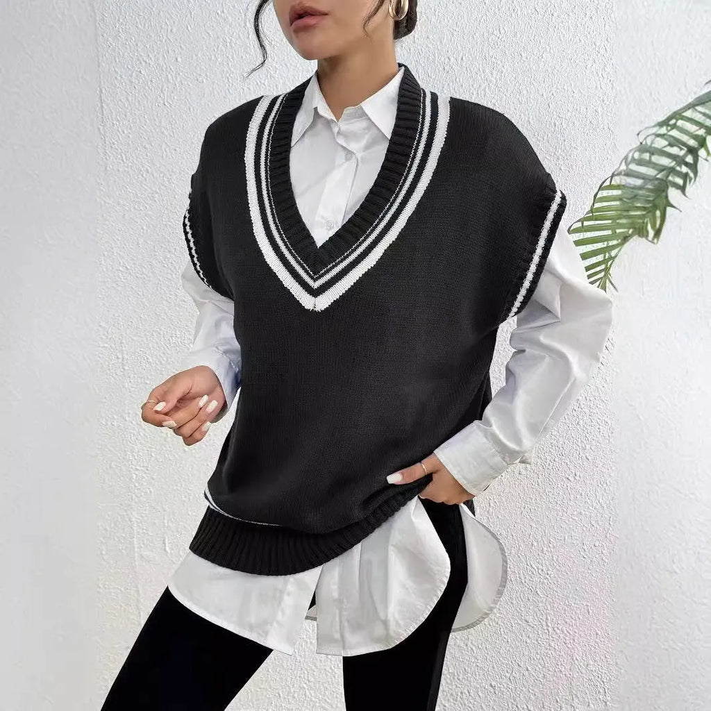 Women's casual wool vest sweater in loose fit with free size design, available in blue, coffee, and black colour options