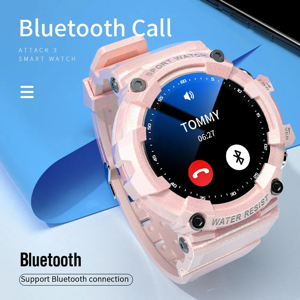 ATTACK 3 smart watch in black with round screen showing heart rate data on TPU strap