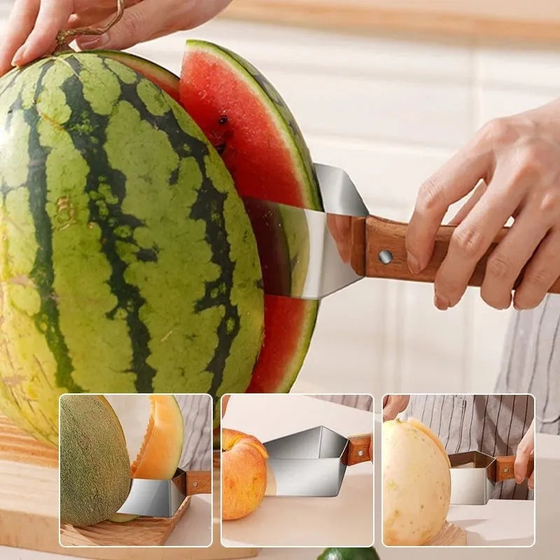 A stainless steel watermelon splitter with triangular blades and a red protective cover on a kitchen worktop.