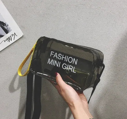 Transparent square jelly shoulder bag with adjustable strap in multiple colour options showing 19cm width dimensions