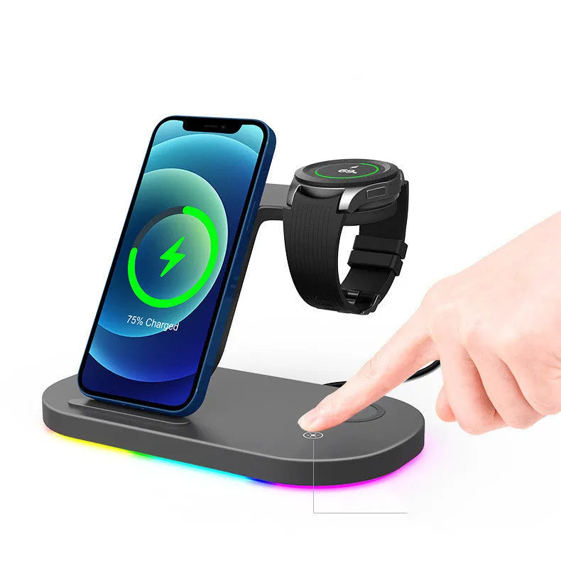15W three-in-one wireless charger for mobile phones and watches in black and white colours