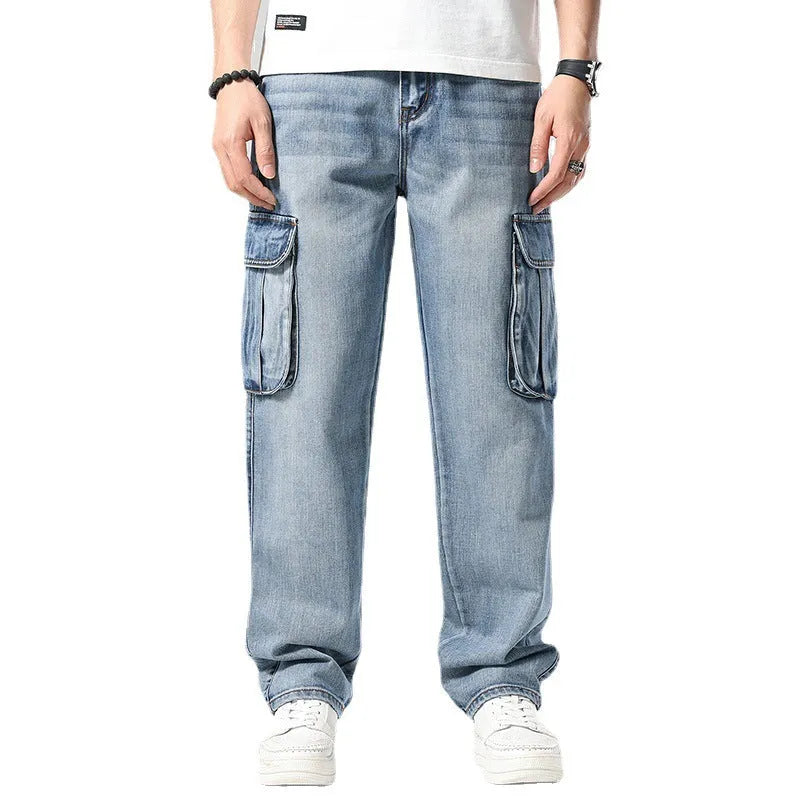 Men's loose fit hip hop trousers with multiple pockets in retro denim styling