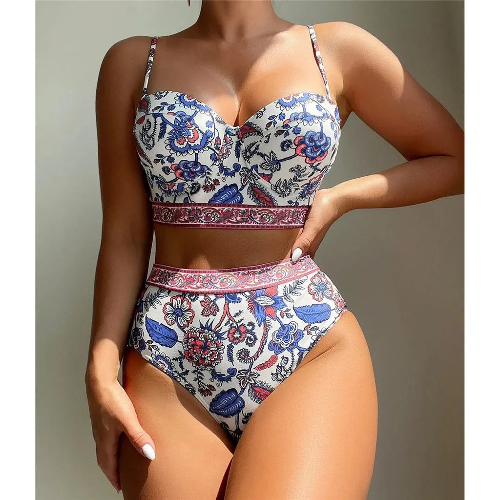 Blue women's high waist push-up bikini swimsuit with polyester fabric for swimming activities