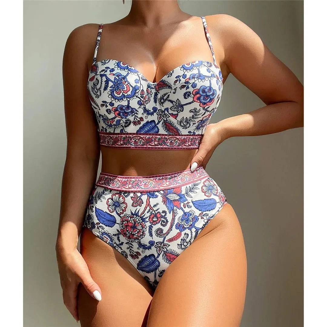 Blue women's high waist push-up bikini swimsuit with polyester fabric for swimming activities