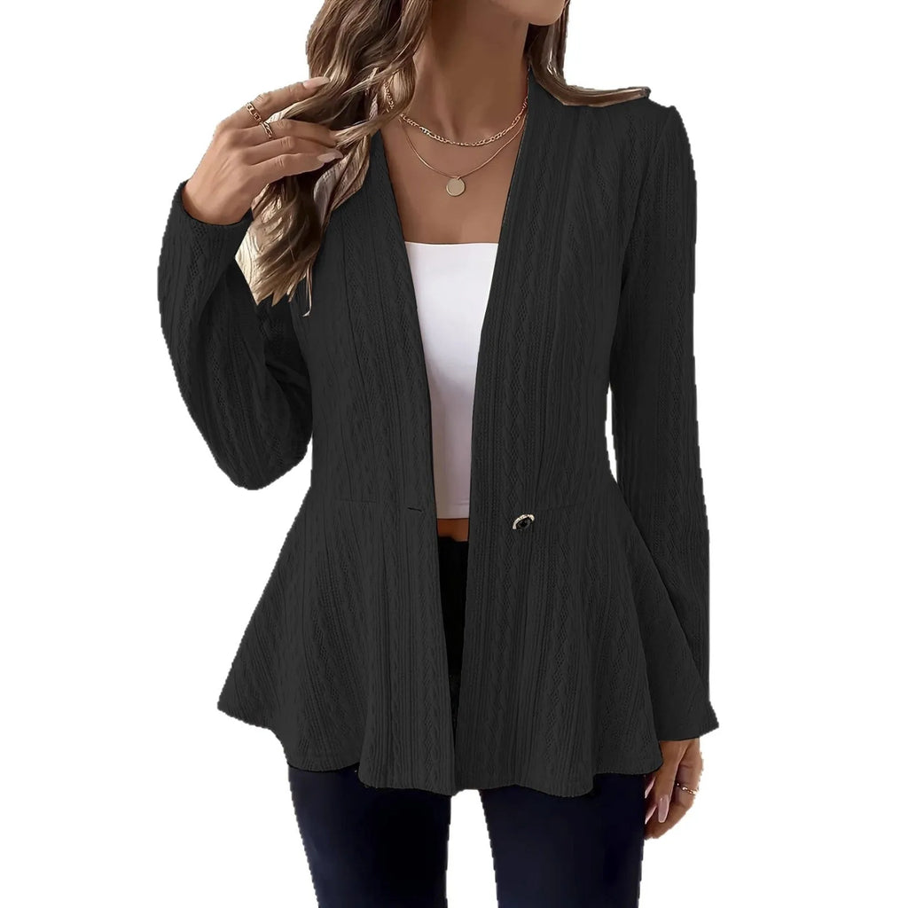 Women's apricot coloured Jacquard patterned knitted cardigan with single button front closure