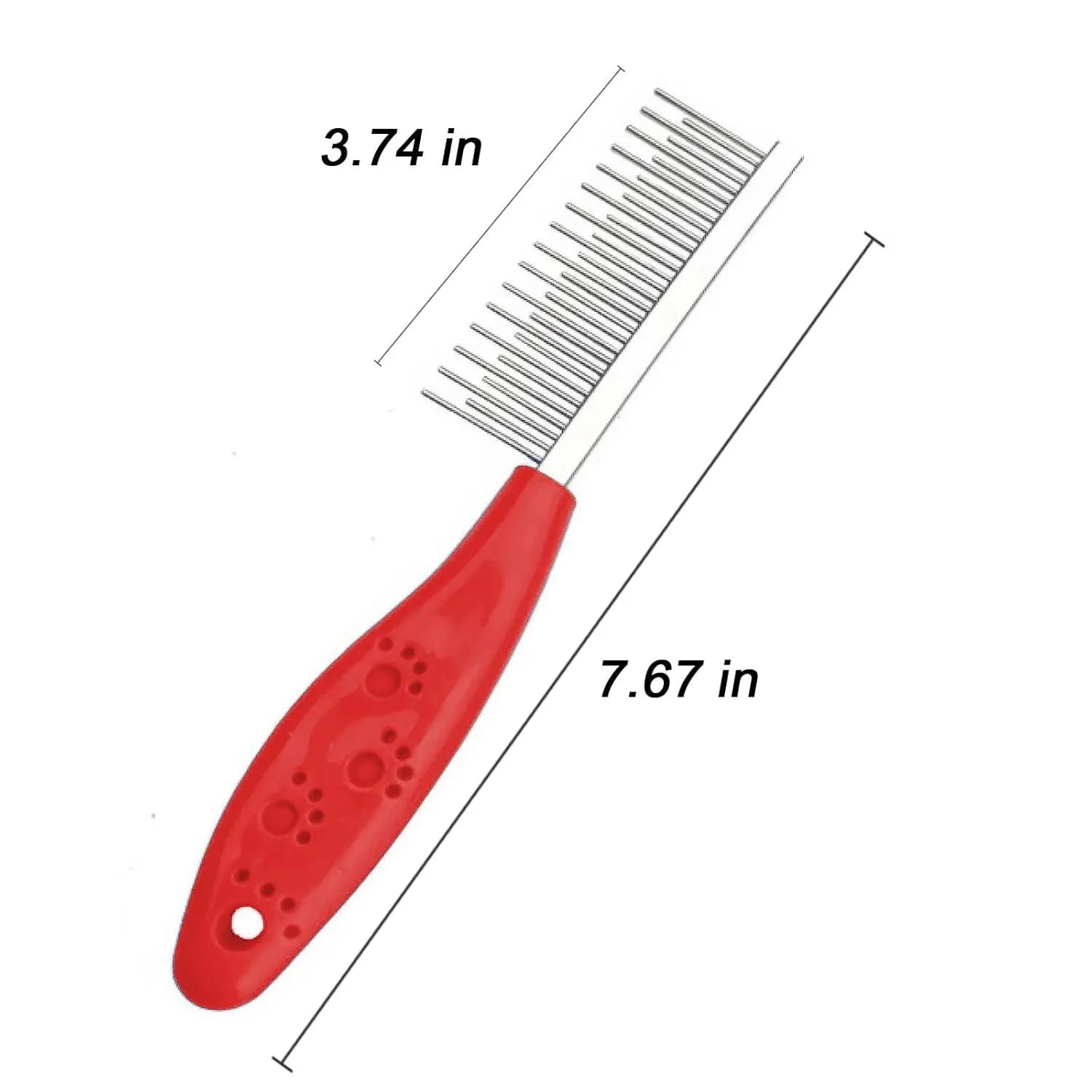 Red pet grooming comb with stainless steel pins, dual-length teeth, and anti-slip plastic handle for dematting knots