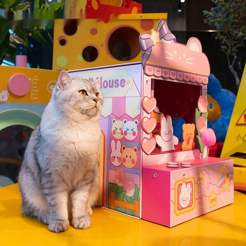 Pink three-in-one tulip clip cat nest crane machine, 35 x 34.5 x 53.5cm, Japanese-style cat villa in grey board and corrugated paper