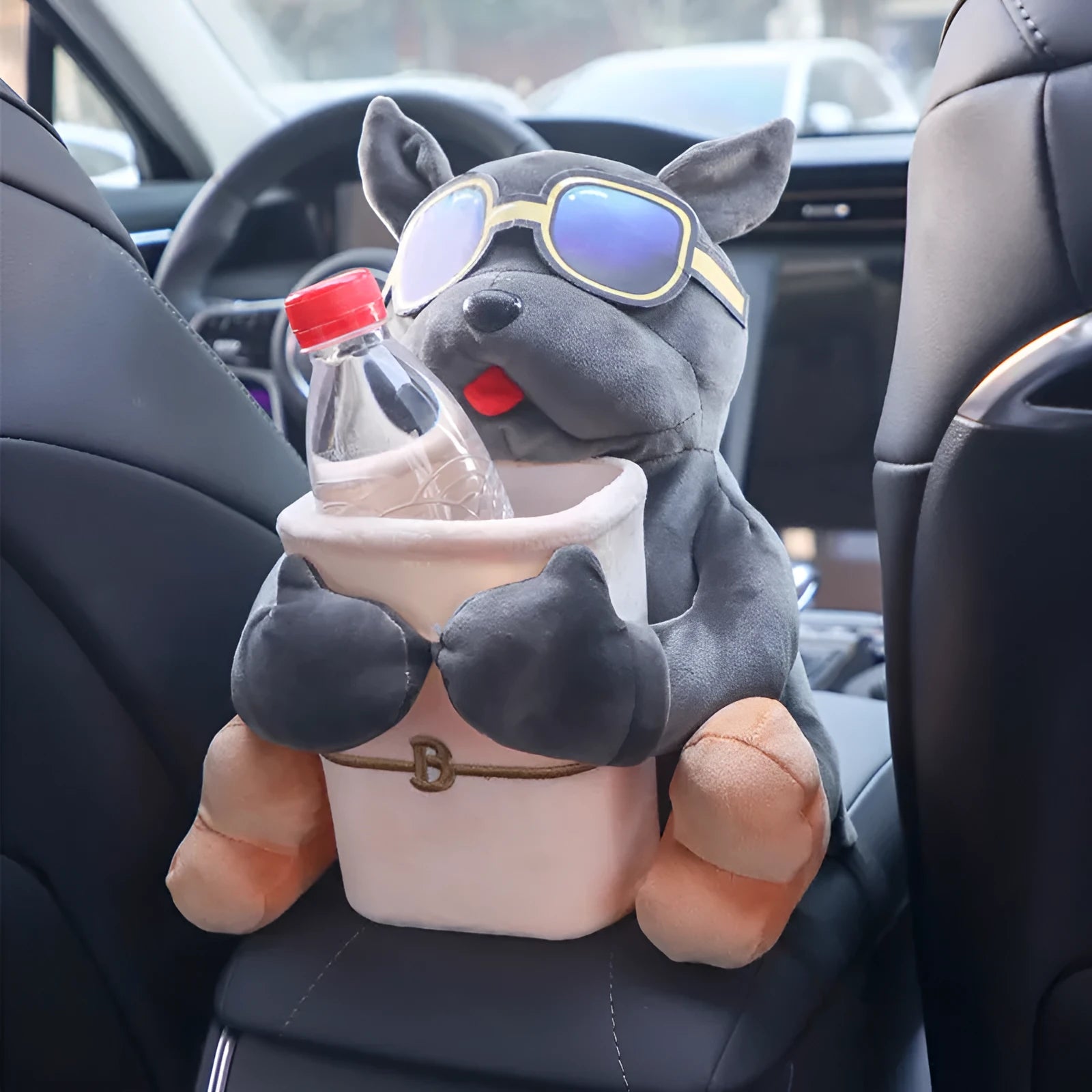 Men's car tissue box with plush fabric hanging from vehicle armrest showing character design options