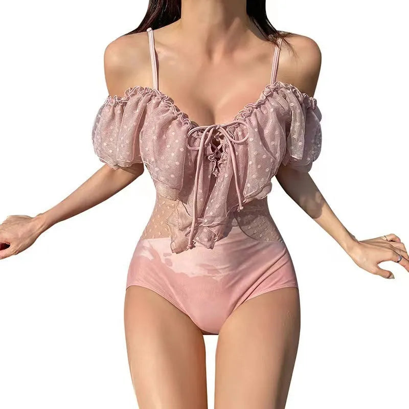 Pink one-piece women's swimsuit with nylon fabric shown front view