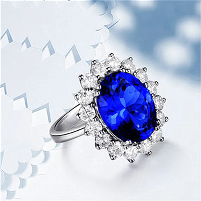 Adjustable opening geometric rhinestone ring in platinum-colour white copper with tanzanite sapphire stones