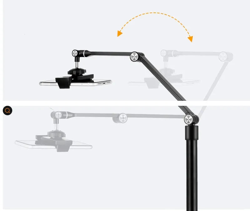 Black floor-standing mobile phone tablet holder with vertical folding rotation and fill light