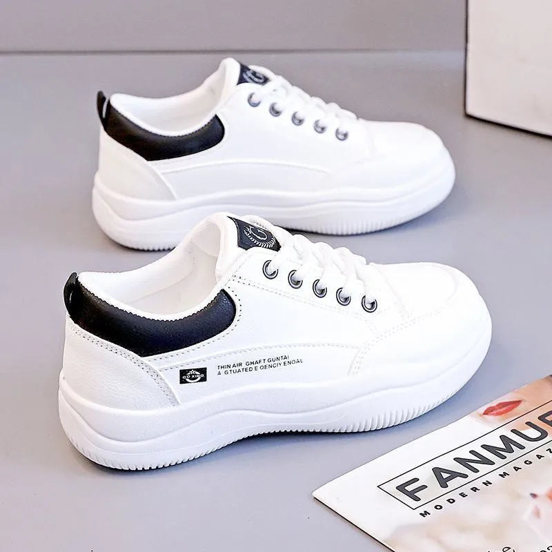 Women's Korean-style leather white shoes with cross straps, 3-5cm heel, and rubber soles