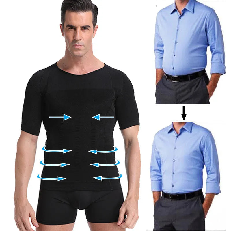 Men's nylon vest shapewear body toning T-shirt in black, blue, or white, sizes M to XXL, 57cm length